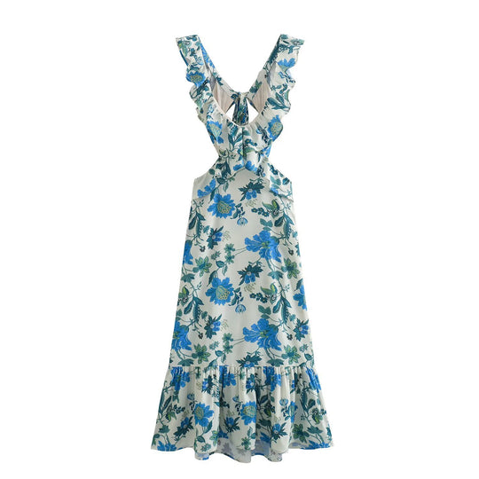 Damen Maxikleid mit voluminösem Rüschensaum und tiefem V-Ausschnitt EB