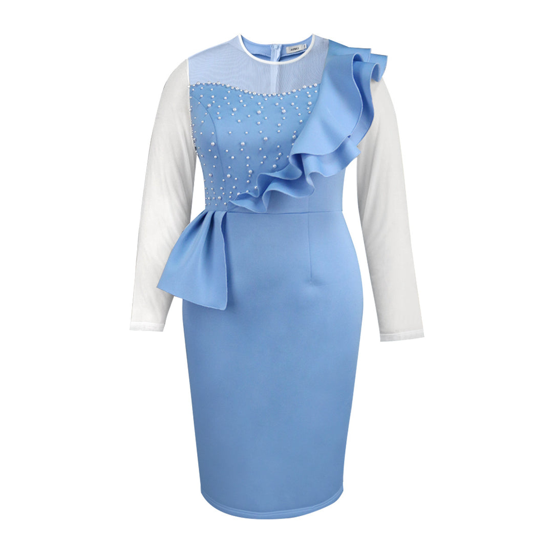 Damen figurbetontes Kleid mit Rüschendetails und Perlenakzenten EB