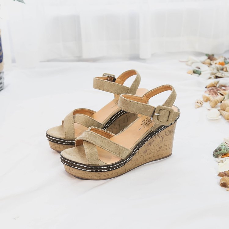 Damen Wedge-Sandalen mit komfortablem Korkabsatz und dekorativem Kreuzriemendesign EB