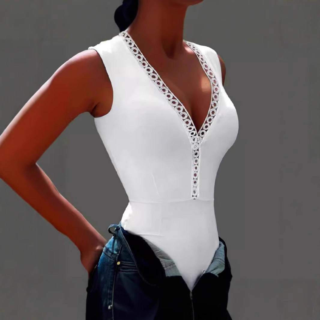 Damen Bodysuit mit dekorativem V-Ausschnitt und Spitzenbesatz EB