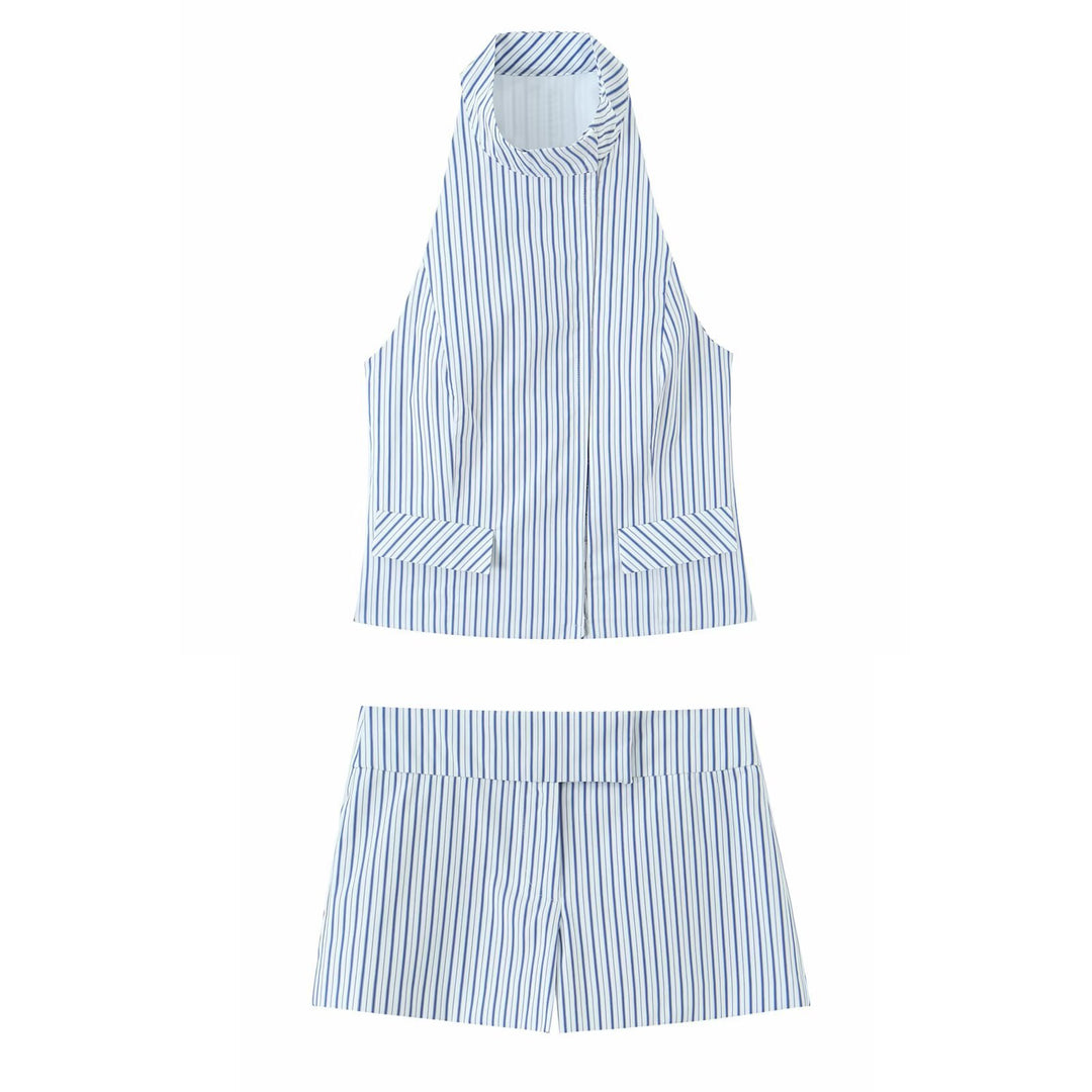 Damen elegante Shorts mit feinem Streifenmuster und hohem Bund EB