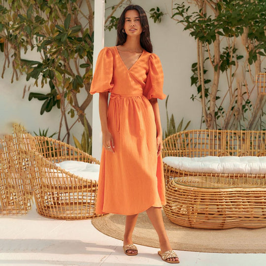 Damen Lässiges Leinenkleid mit Ballonärmeln und Tailliertem Gürtel EB