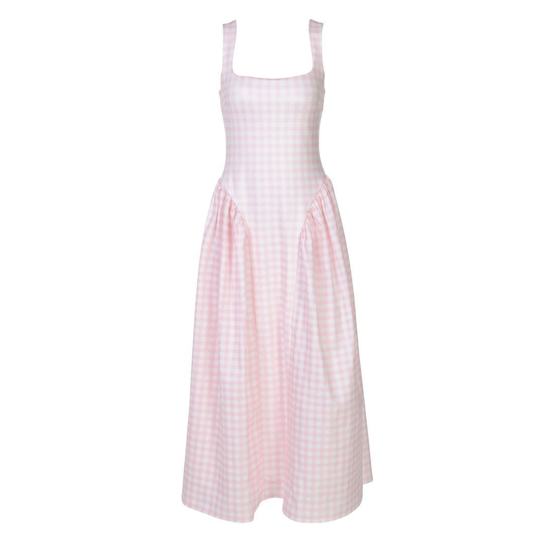 Damen Sommerliches Maxikleid mit Karo-Design und seitlichen Raffungselementen EB