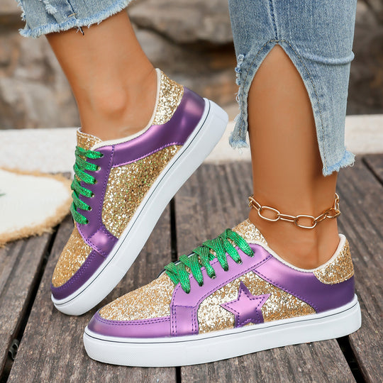 Damen modische Plateausneaker mit Glitzerpanelen, Sternapplikation und gepolsterter Komfortsohle EB