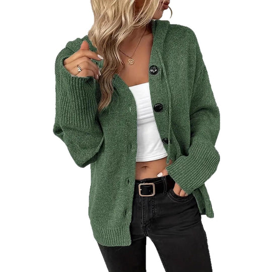 Damen Strickjacke mit Kapuze und Knopfverschluss EB
