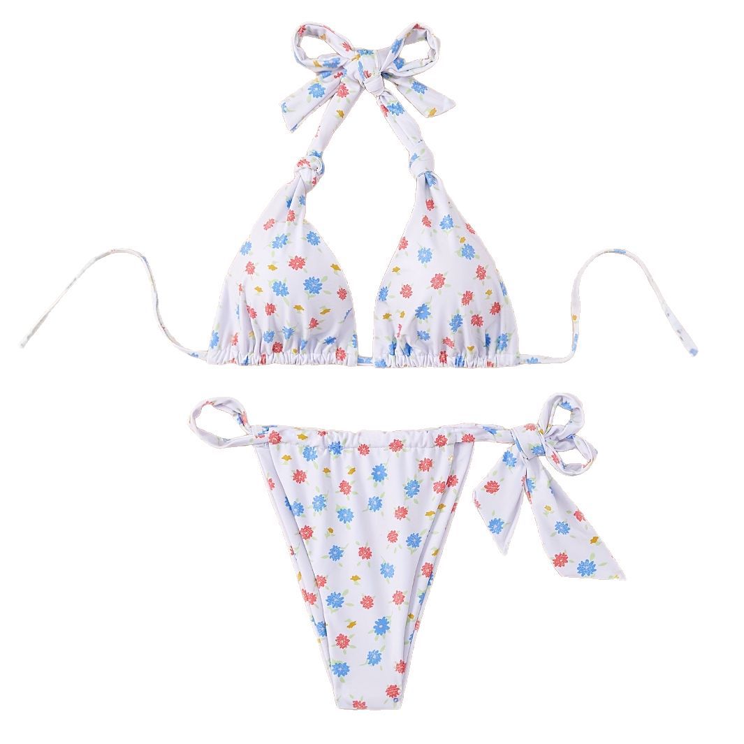 Damen Floral gemusterter Triangel-Bikini mit verspieltem Bindeband EB
