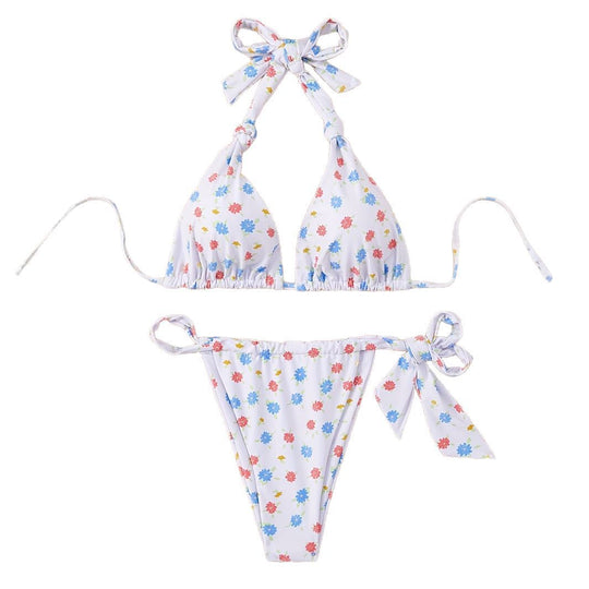 Damen Floral gemusterter Triangel-Bikini mit verspieltem Bindeband EB