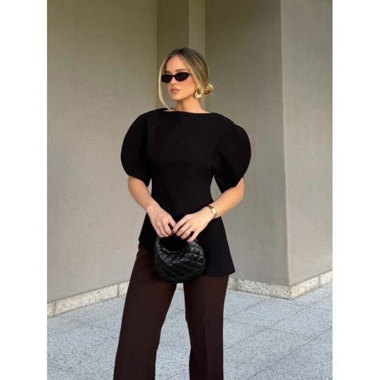 Damen Bluse mit voluminösen Puffärmeln und asymmetrischem Saum EB