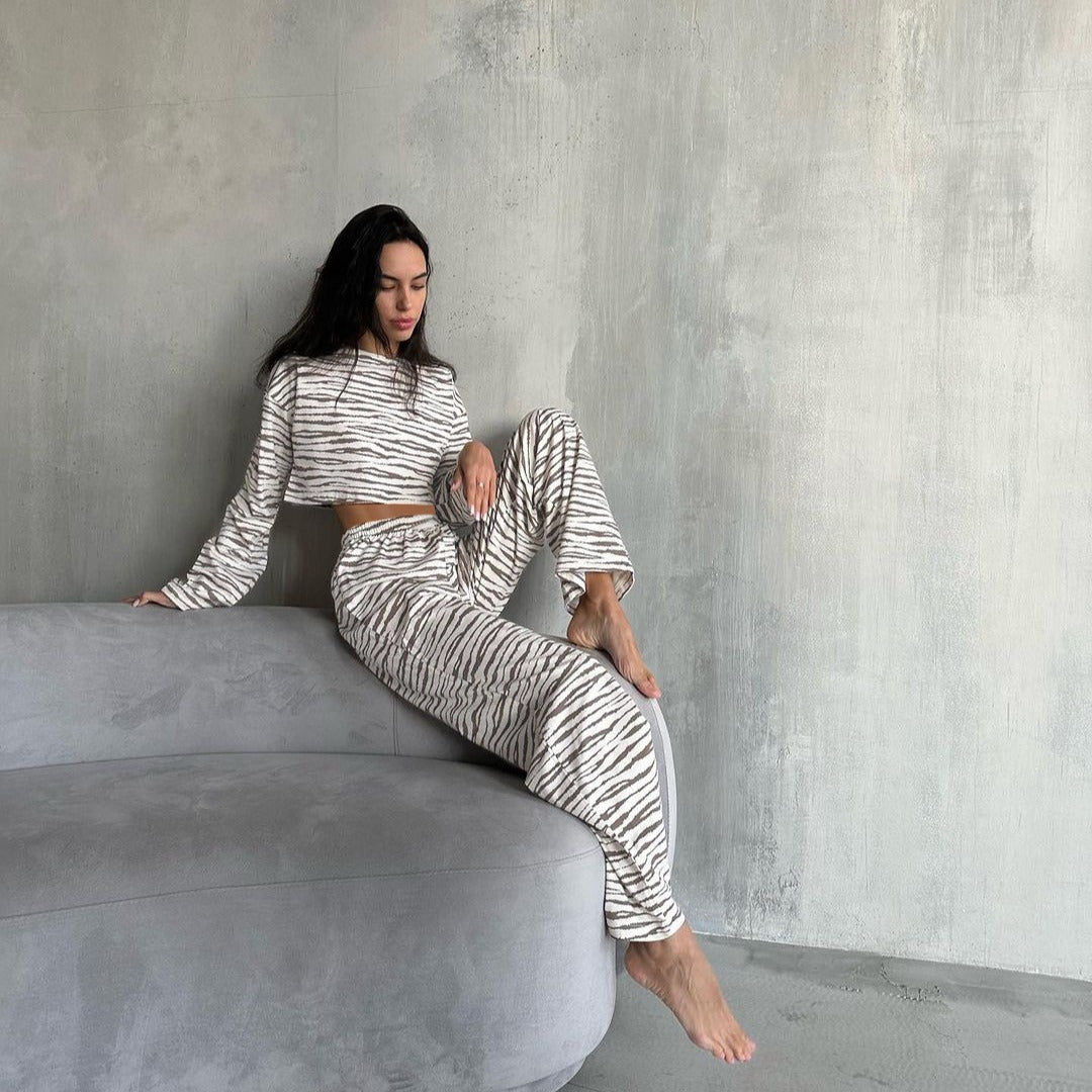 Damen lässiges Crop-Top und Jogginghose Set mit tierischem Muster EB