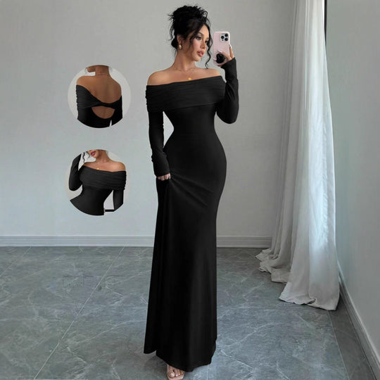 Damen Elegantes Off-Shoulder-Maxikleid mit figurbetontem Schnitt und langen Ärmeln EB