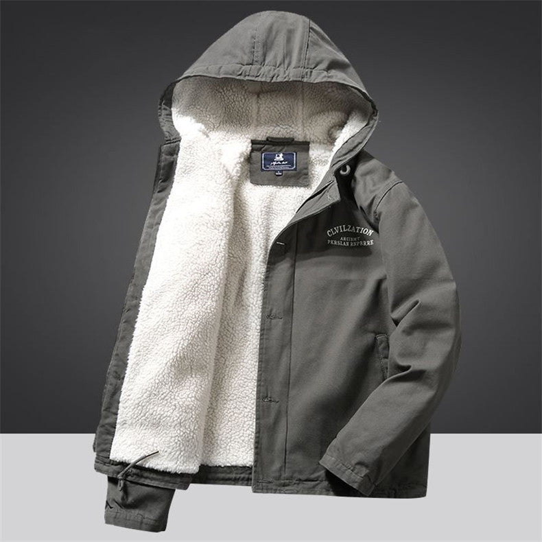 Herren Kapuzenjacke im Vintage-Worker-Stil mit Sherpa‑Futter EB