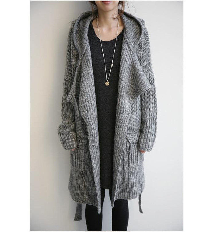 Damen Hüttenstrickmantel mit Gürtel und großen Taschen EB