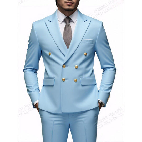 Herren nan doppelreihiger Slim-Fit Anzug mit goldenen Zierknöpfen und schmaler Businesshose EB