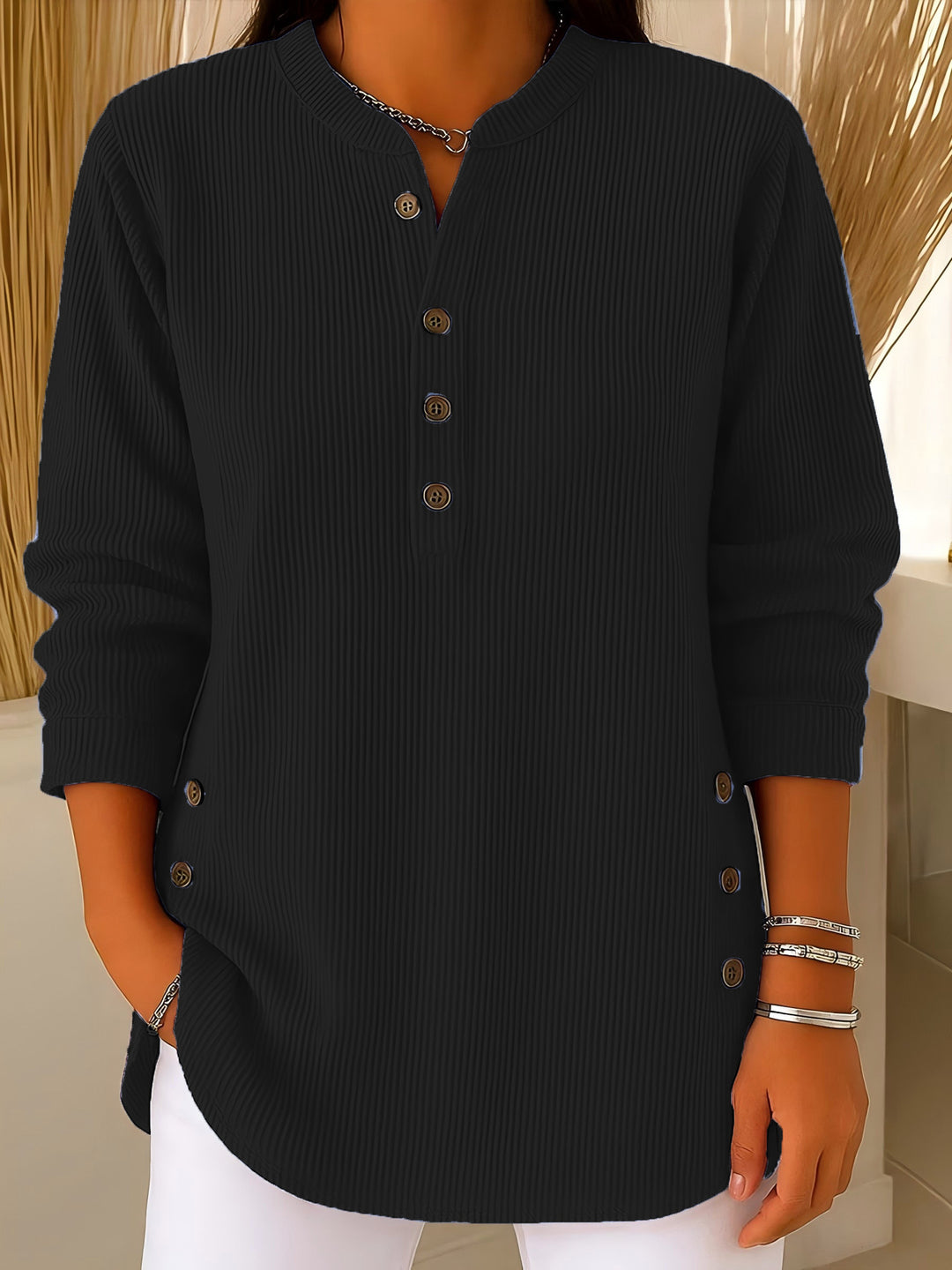 Damen nan plissee Tunika-Bluse mit Stehkragen, Knopfleiste und seitlichen Zierknöpfen EB