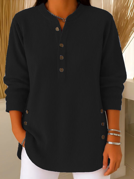 Damen nan plissee Tunika-Bluse mit Stehkragen, Knopfleiste und seitlichen Zierknöpfen EB