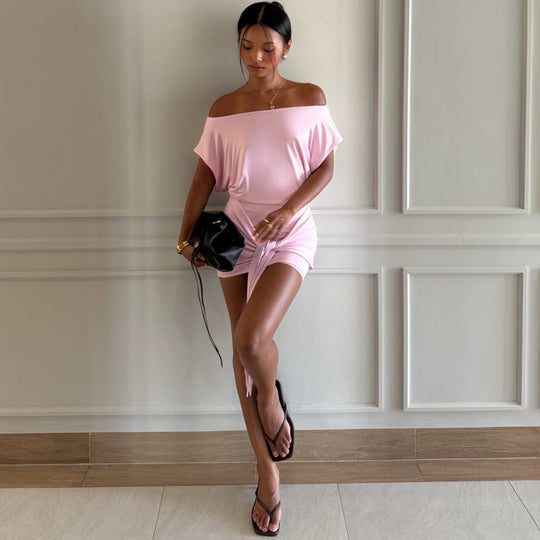 Damen Raffiniertes Minikleid mit angeschnittenem Ausschnitt und seitlichem Knoten EB