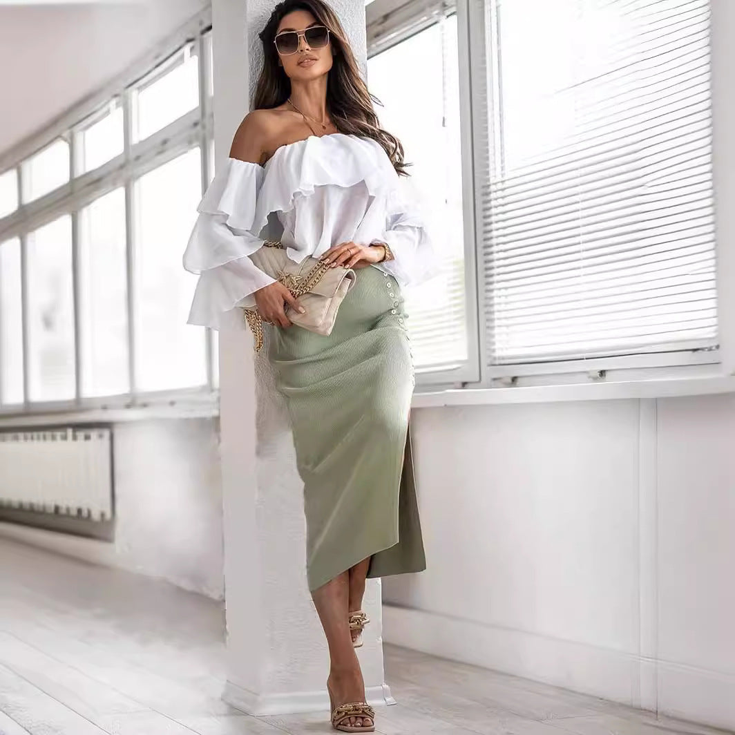 Damen Strickrock mit seitlichem Schlitz und Knopfleiste EB