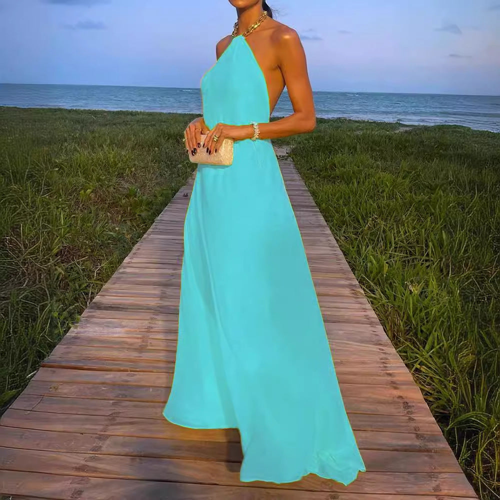 Damen Elegantes Maxikleid mit schmalem Halsband und fließendem Stoff EB