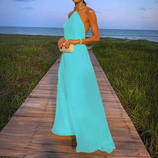 Damen Elegantes Maxikleid mit schmalem Halsband und fließendem Stoff EB