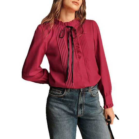Damen Rüschenbluse mit Stehkragen, Längsfalten und Schleifenband EB