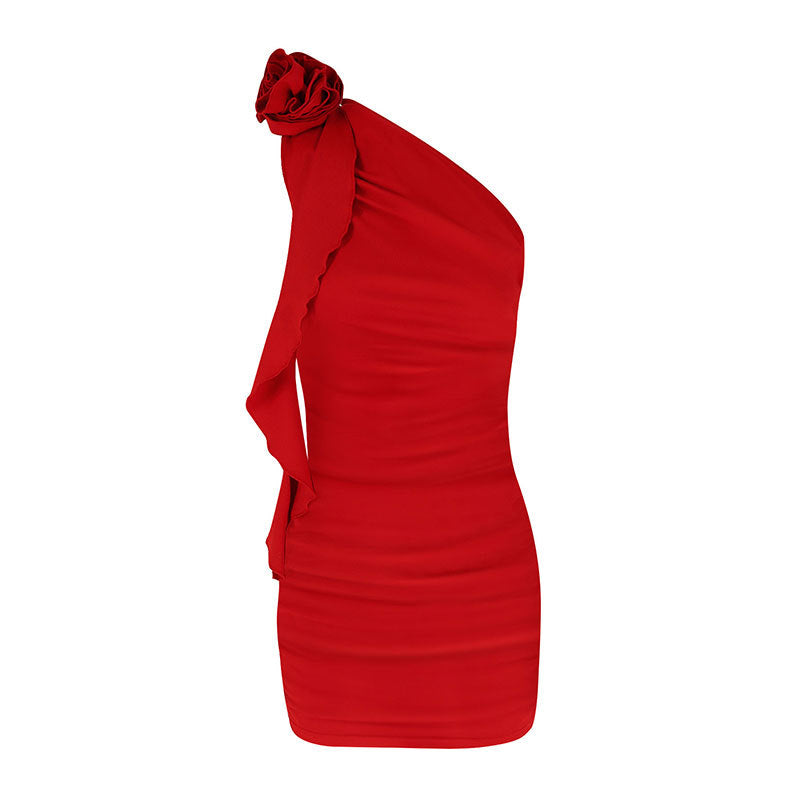 Damen Figurbetontes Minikleid mit asymmetrischem Ausschnitt und Rüschendetails EB