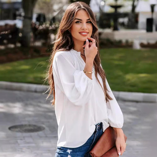 Damen elegante Bluse mit V-Ausschnitt EB