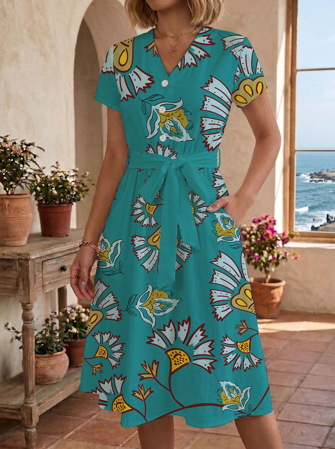 Damen Sommerliches Kleid mit taillierbarem Bindegürtel und floralem Muster EB