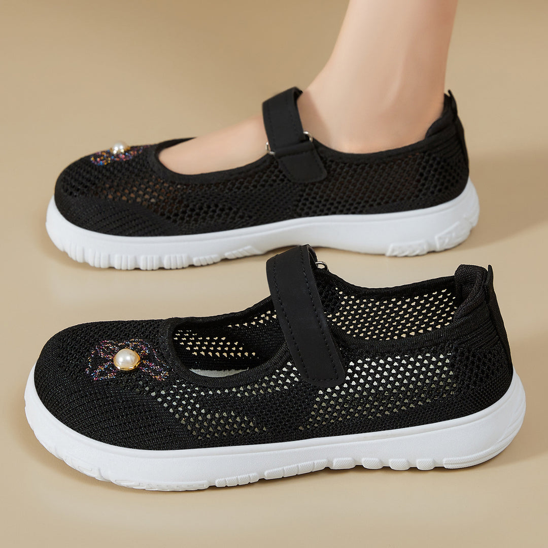 Damen nan gestrickter Mary-Jane-Sneaker mit Klettriemen, atmungsaktivem Strickoberteil, dekorativer Perlenapplikation und dämpfender EVA-Sohle EB