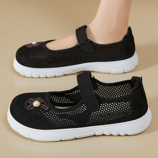 Damen nan gestrickter Mary-Jane-Sneaker mit Klettriemen, atmungsaktivem Strickoberteil, dekorativer Perlenapplikation und dämpfender EVA-Sohle EB