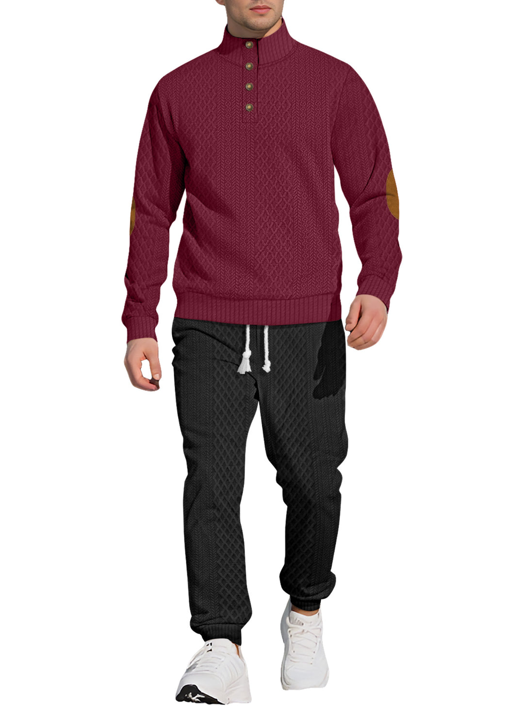 Herren nan strukturiertes Strick-Freizeitset mit Halbknopf-Stehkragen Wildleder-Ellbogenpatches und Kordelbund-Jogger EB