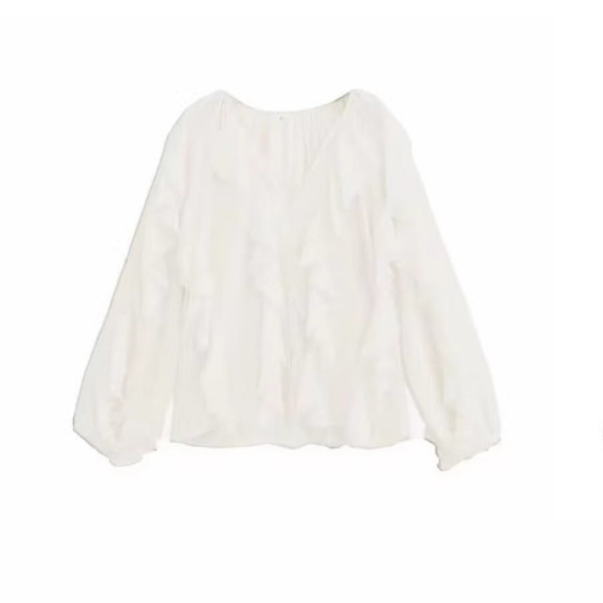 Damen nan feminine Chiffon-Volantbluse mit Ballonärmeln und V-Ausschnitt EB