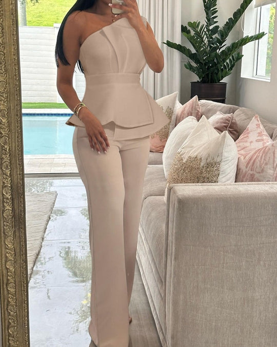 Damen elegantes One-Shoulder Top mit weit geschnittenen Hochwasserhosen EB