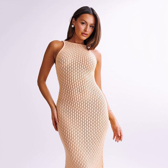 Damen elegantes Häkelkleid mit tiefem Ausschnitt EB