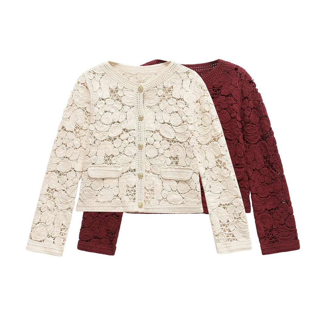 Damen Strickjacke Aus Feiner Spitze mit Dekorativen Knopfdetails und Eleganter Silhouette EB