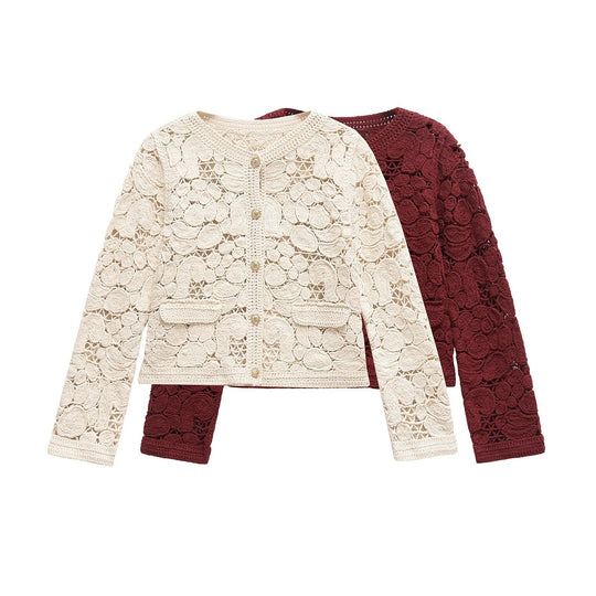 Damen Strickjacke Aus Feiner Spitze mit Dekorativen Knopfdetails und Eleganter Silhouette EB
