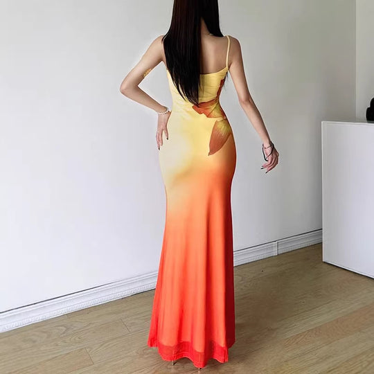 Damen figurbetontes Abendkleid mit Spaghettiträgern und Farbverlauf EB