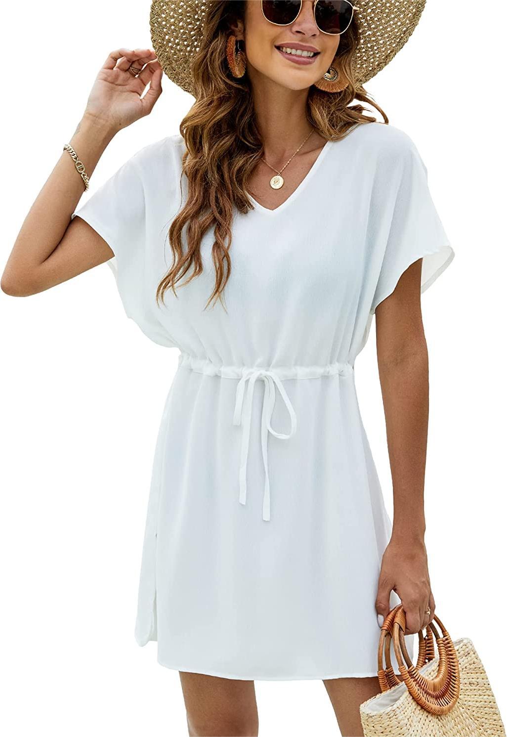 Damen Freizeit V-Ausschnitt Kordelzug Mini Kleid EB