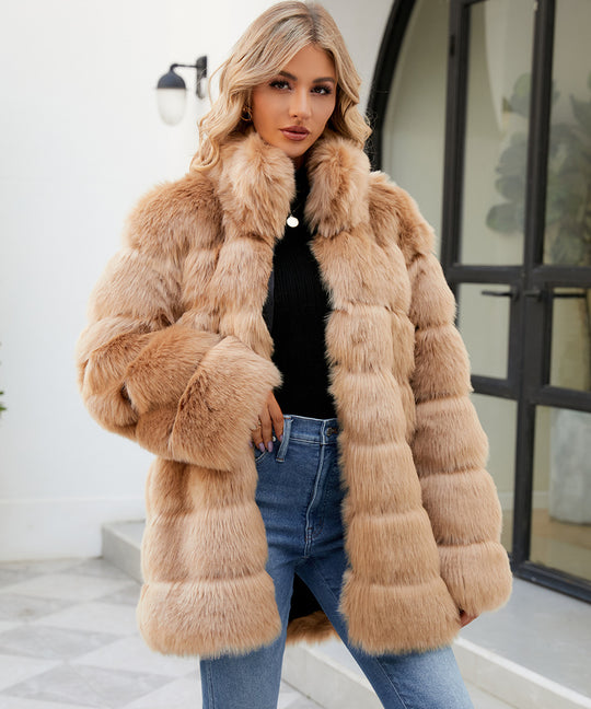 Damen Bequemer Kunstfellparka mit breitem Kragen und weichen Details EB