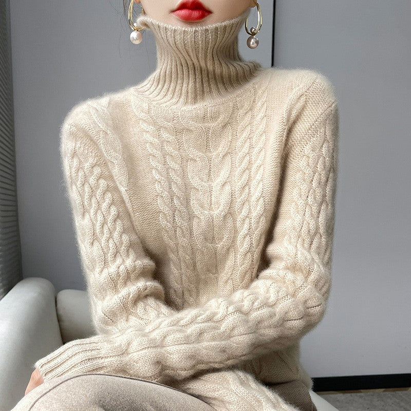 Damen Grobstrickpullover mit hohem Kragen und strukturiertem Zopfmuster EB