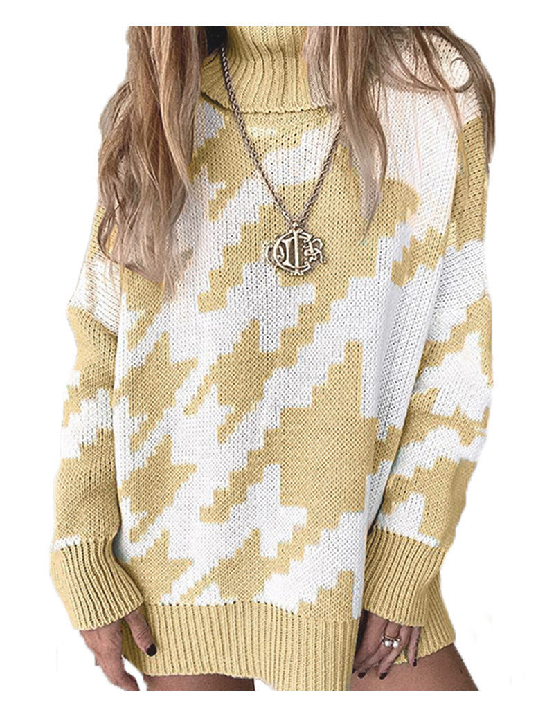 Damen Grobstrickpullover mit hohem Kragen und modernem geometrischen Muster EB