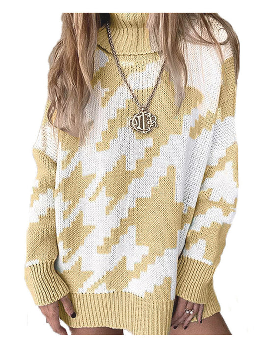 Damen Grobstrickpullover mit hohem Kragen und modernem geometrischen Muster EB