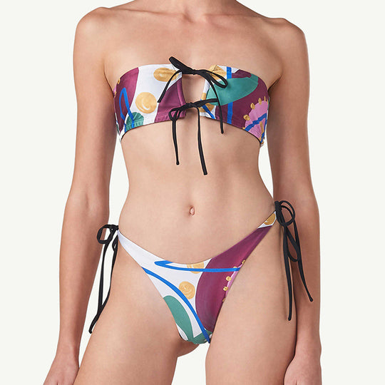 Damen Bandeau-Bikini mit verspieltem Muster und Bindebändern EB