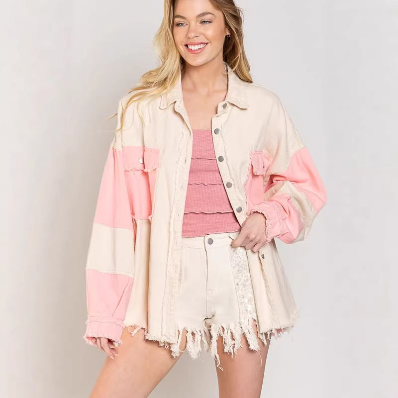 Damen Oversized Denim Jacke mit einzigartigen Farbblöcken und fransigen Details EB