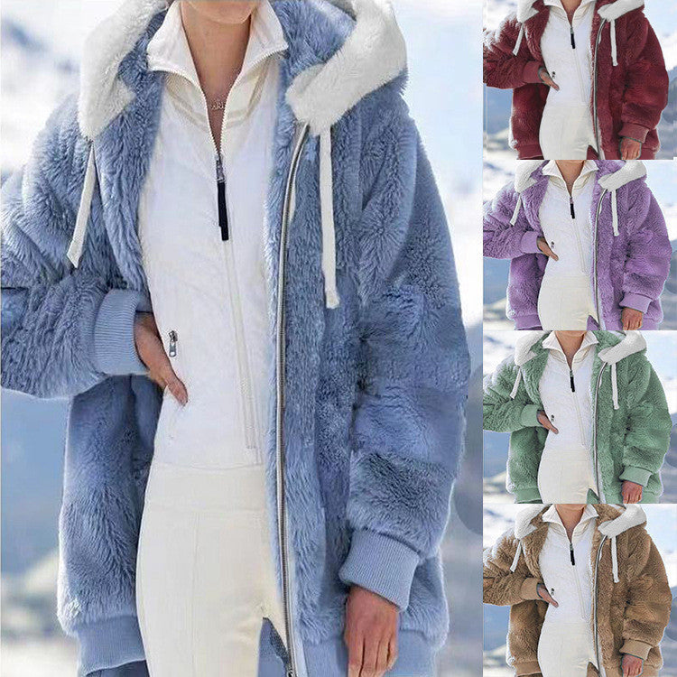 Damen nan kuschelige Kapuzen-Teddyjacke mit wattiertem Innenfutter und Rippbündchen EB