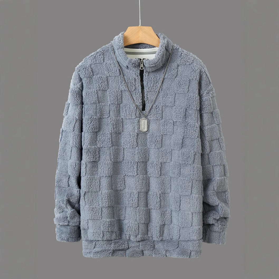 Herren nan karierter Sherpa-Halbzip-Pullover mit hohem Stehkragen und weicher Teddy-Fleece-Qualität EB