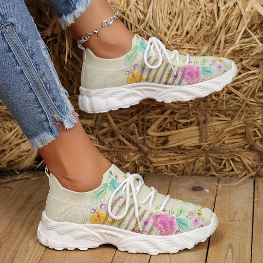 Damen modische Sneakers mit floralem Design und atmungsaktiver Textiloberfläche EB