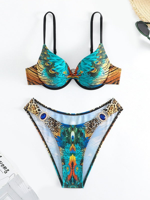 Damen Triangel-Bikini mit extravagantem Federdesign und funkelnden Akzenten EB