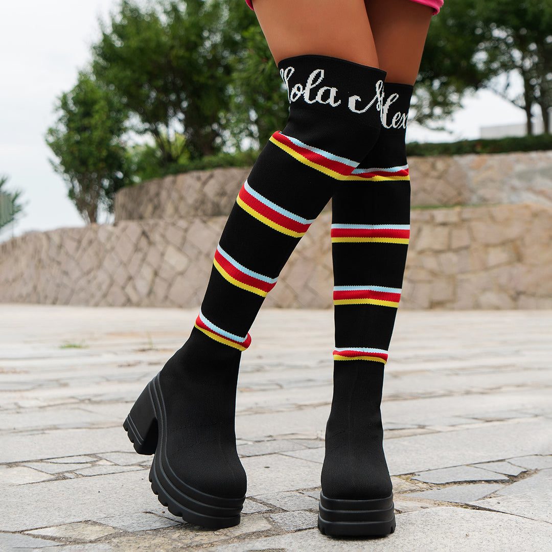 Damen Hochformat Stiefel mit buntem Streifenmuster und modischem Blockabsatz EB
