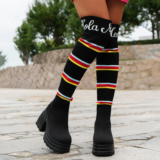 Damen Hochformat Stiefel mit buntem Streifenmuster und modischem Blockabsatz EB
