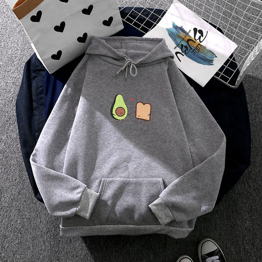Damen nan gemütlicher Kapuzenpullover mit Avocado‑Toast-Illustration, weichem Fleece-Innenfutter und Kängurutasche EB